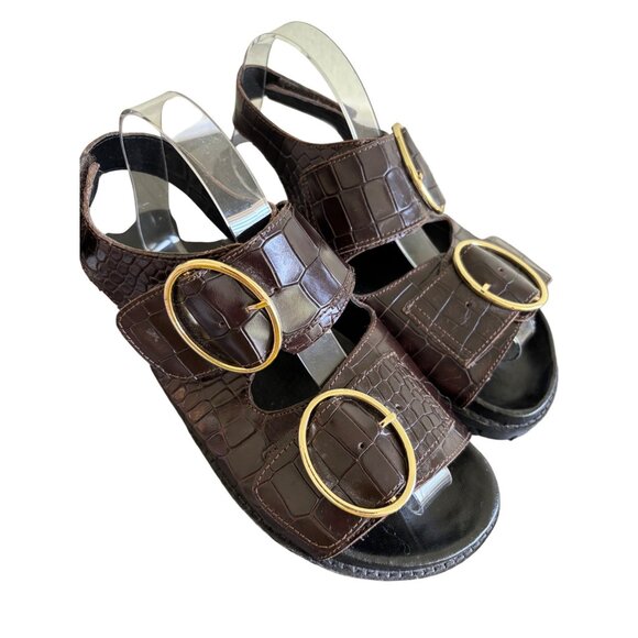 ASRA Womens Brown Croc-Embossed Chunky Sandals With Gold Buckles - Picture 2 of 15